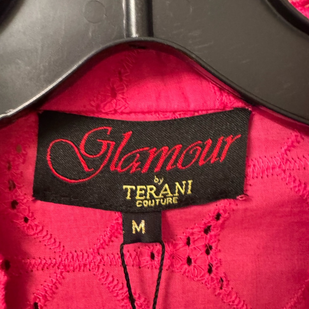 Terani Couture Hot Pink Eyelet Long Sleeve Belted Midi Dress - Picture 3 of 4